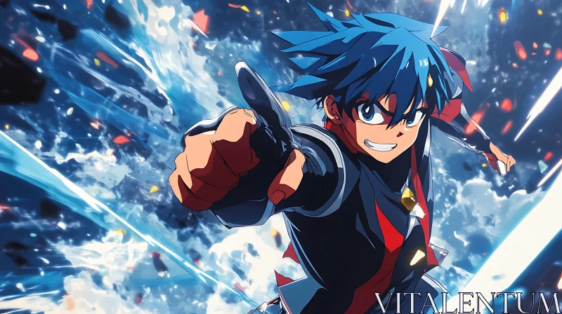 Dynamic Anime Hero with Blue Hair AI Image