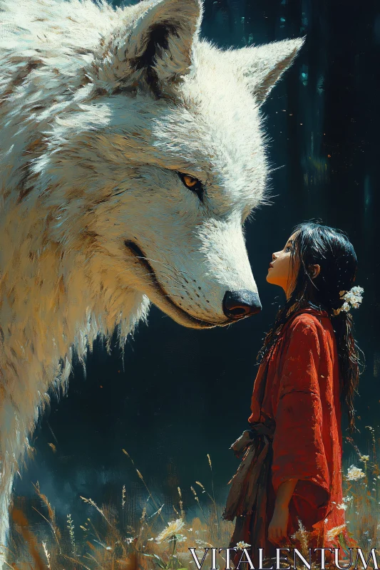 Girl and Wolf in a Meadow AI Image