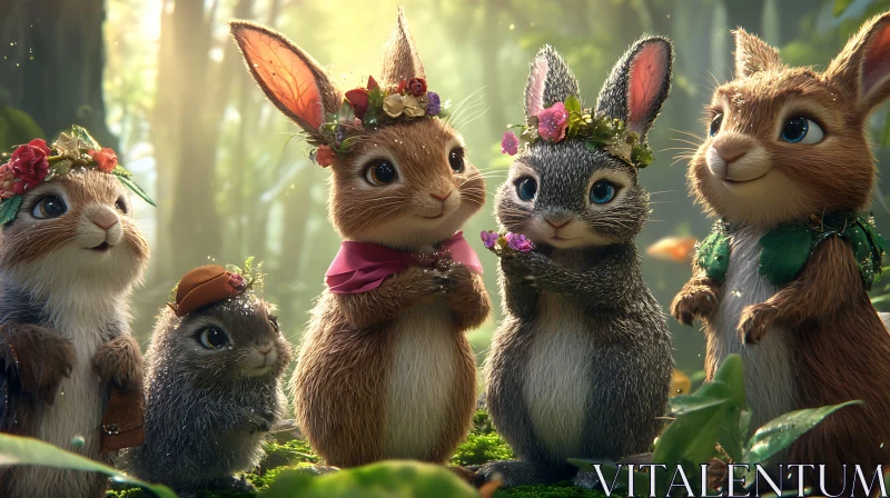 Whimsical Bunnies Gathering in the Forest AI Image