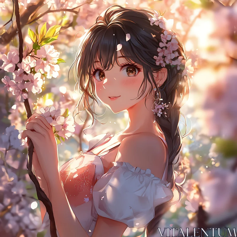 Anime Girl with Cherry Blossoms during Sunset AI Image