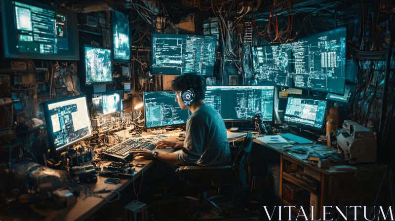 Hacker Surrounded by Screens AI Image