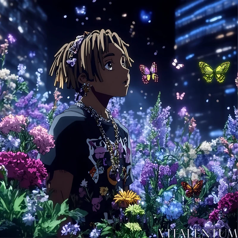 Ethereal Anime Garden with Butterflies AI Image