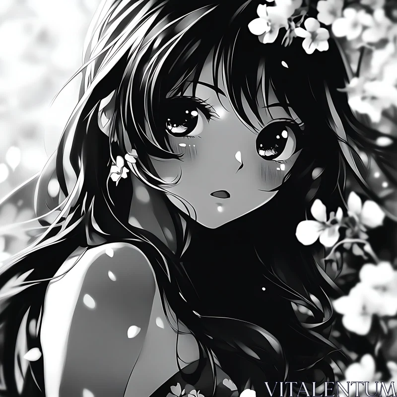 Monochrome Anime Girl in Blossoms AI Image