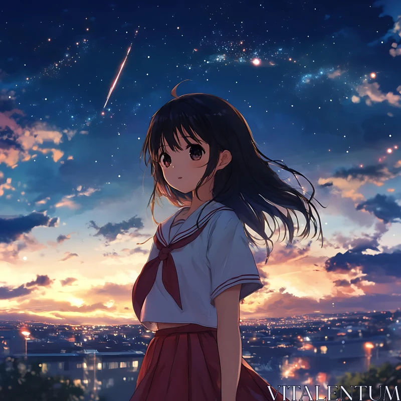 Illustrative Anime Girl at Sunset with Night Sky AI Image