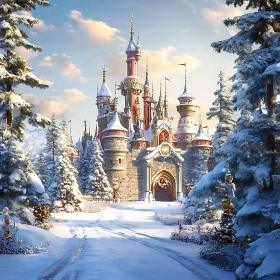 Enchanted Winter Castle in a Snowy Forest