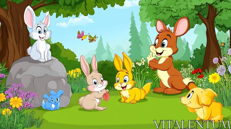 AI ART Cartoon Bunnies and Puppy Illustration