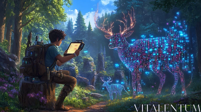 AI ART Glowing Deer and Forest Observer