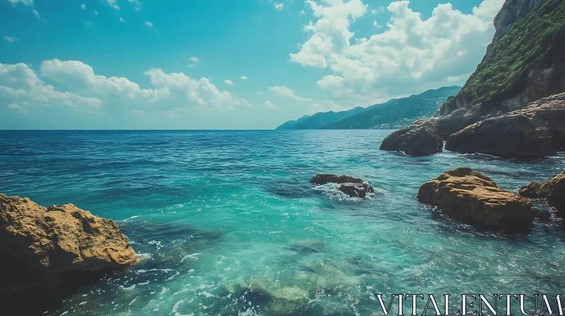 Coastal Serenity: Turquoise Waters and Rocks AI Image