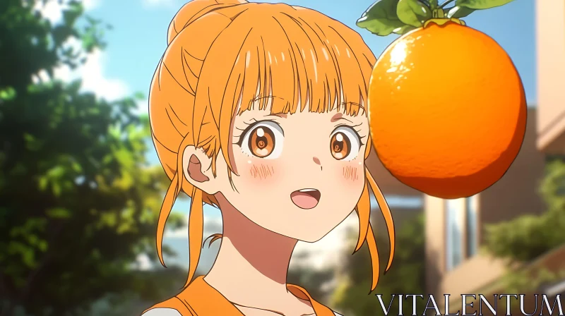 Anime Character with Orange Hair and Fruit AI Image