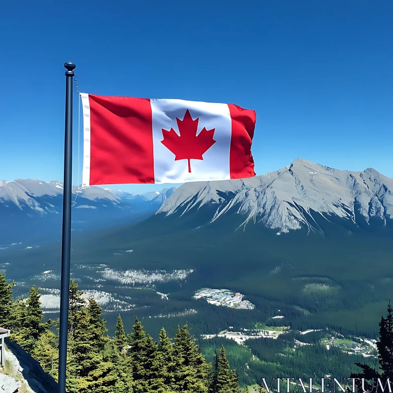 Canadian Flag Overlooking Mountain Range AI Image