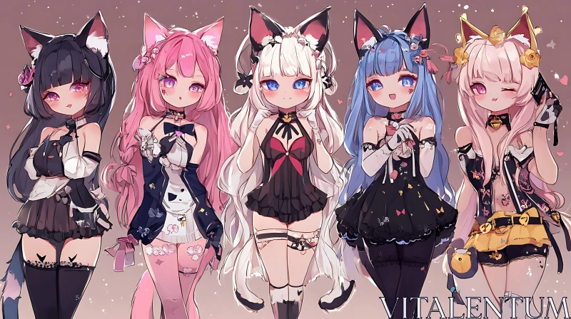 Cute Anime Cat Girls in Fashionable Clothing AI Image