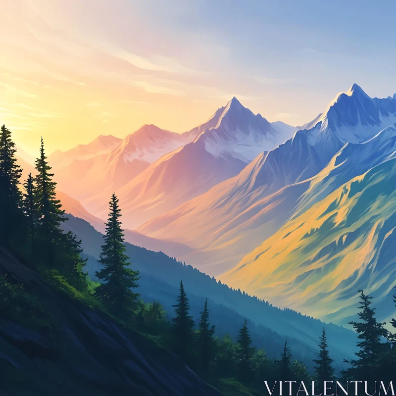 AI ART Pastel Mountain Range with Pine Trees