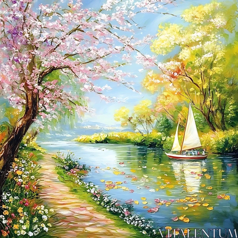 Sailboat on River with Floral Landscape AI Image