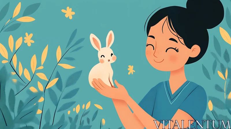 Illustration of Girl Holding a Bunny AI Image