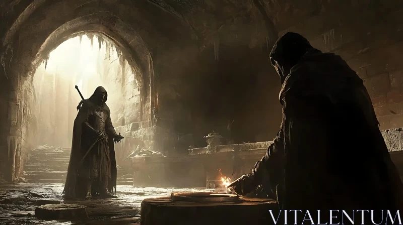 Cloaked Figures Meeting in Ancient Chamber AI Image