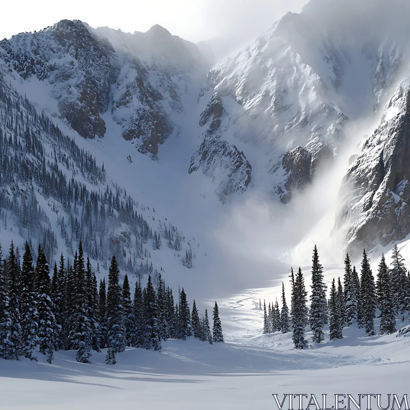 Winter Mountain Scene with Pine Trees AI Image