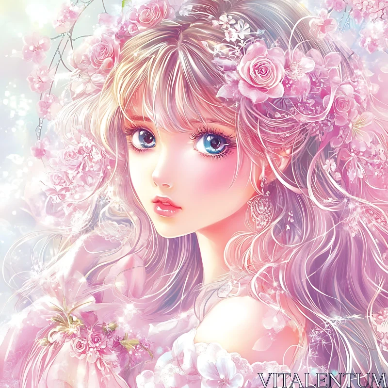 Whimsical Flower-Adorned Anime Portrait AI Image