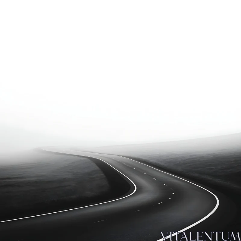 Winding Road in Fog Monochrome Landscape AI Image