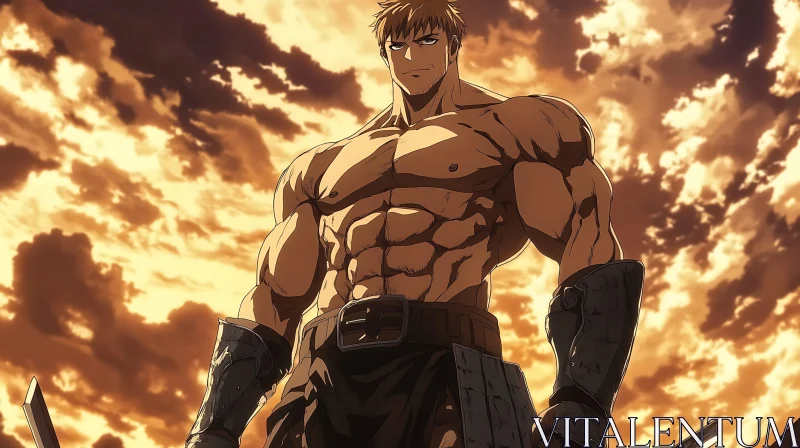 Muscular Anime Fighter Against Sunset Sky AI Image