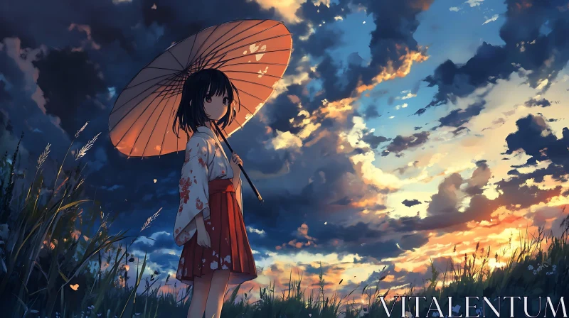 Peaceful Anime Scene with Sunset and Parasol AI Image