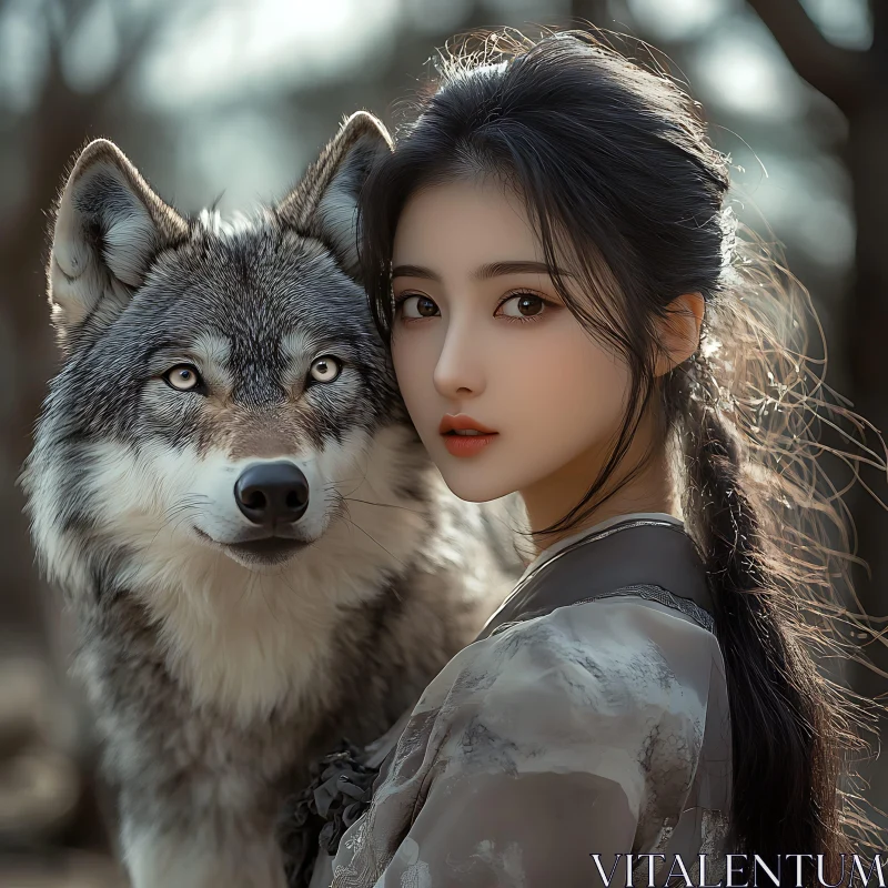 Serene Woman with Wolf Companion AI Image