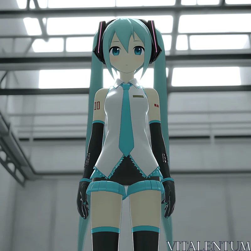 AI ART Teal-Haired Anime Figure in Industrial Setting