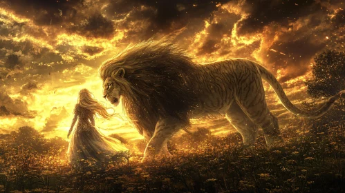 Golden Encounter: Lion and Woman