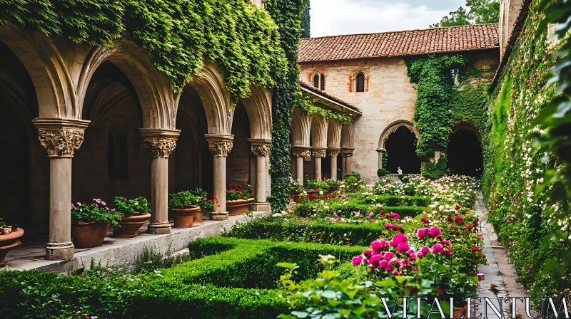 Historical Cloister with Stone Arches and Lush Garden AI Image