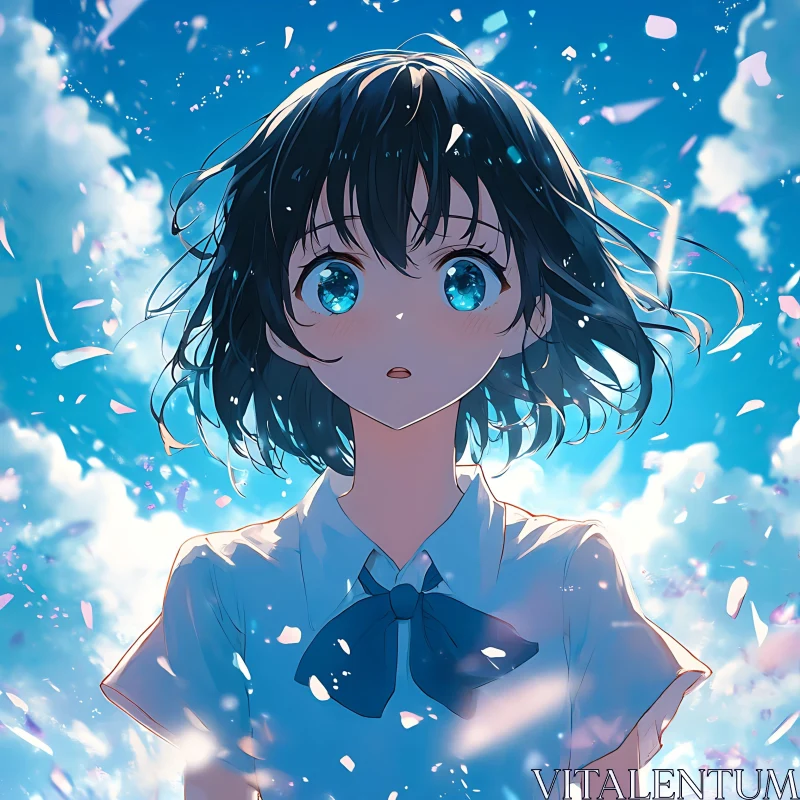 Blue-Eyed Anime Girl with Flower Petals AI Image