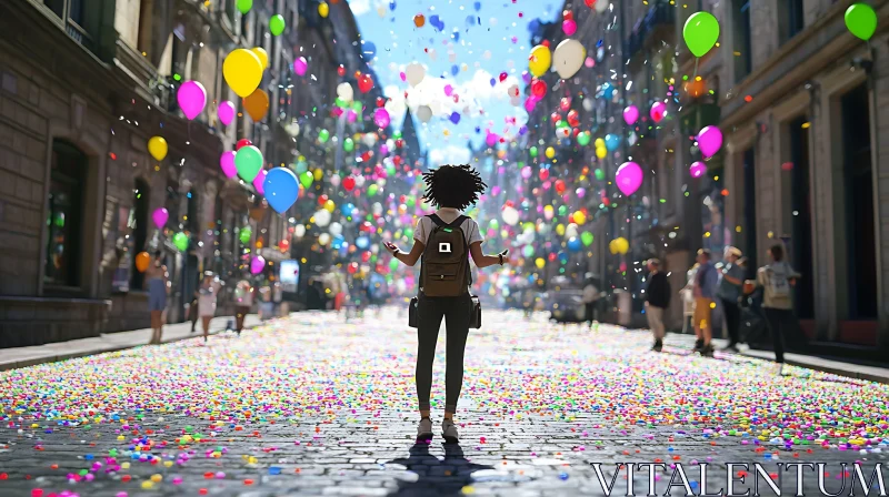 Celebratory Urban Atmosphere with Colorful Balloons AI Image