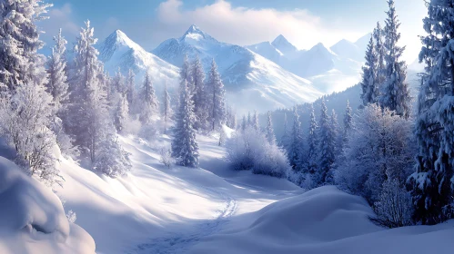 Snowy Mountain Scene with Pine Trees