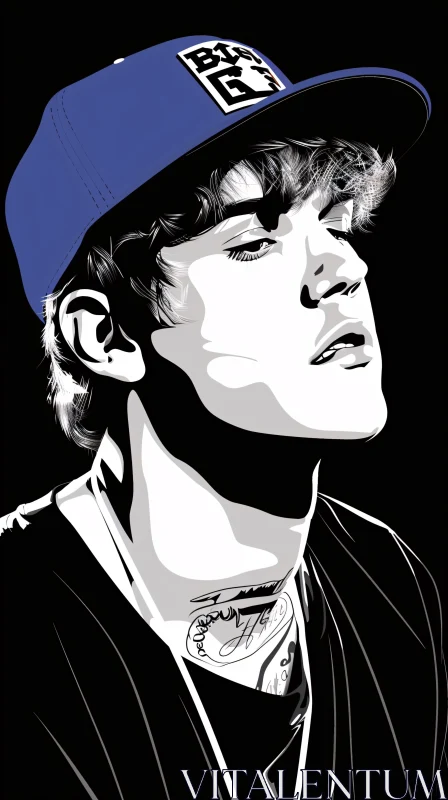 Stylized Illustration of Justin Bieber in Blue Cap AI Image