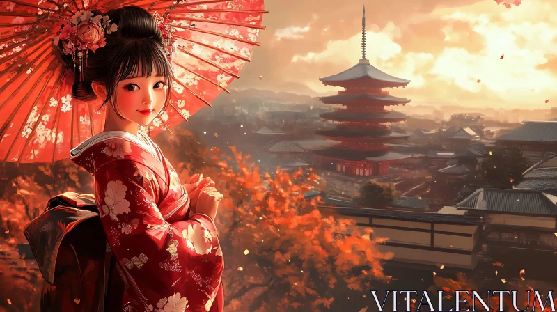 Classic Japanese Beauty in Kimono with Temple Background AI Image