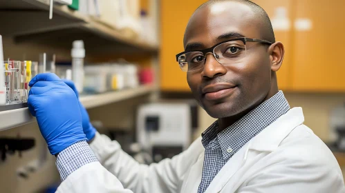 Researcher in Lab Coat Examining Samples