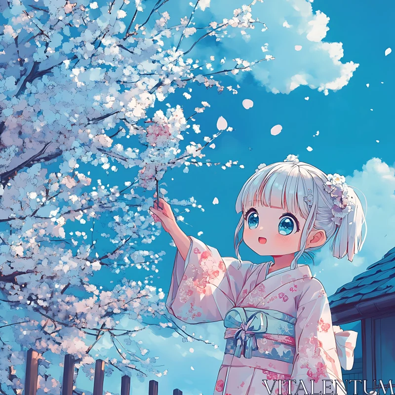 Traditional Japanese Scene with Anime Girl and Cherry Blossoms AI Image