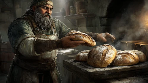 Artisanal Baker with Freshly Baked Loaves