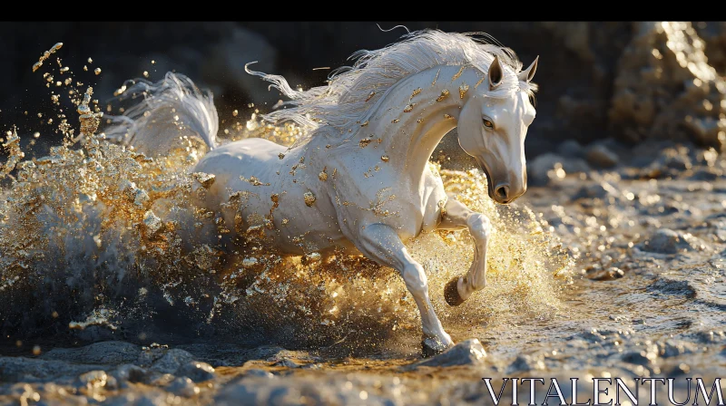 AI ART White Horse Galloping Through Water