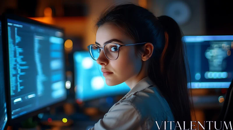 Woman Coding in Blue Light AI Image