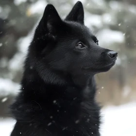 Schipperke Dog Portrait in Snowy Ambiance