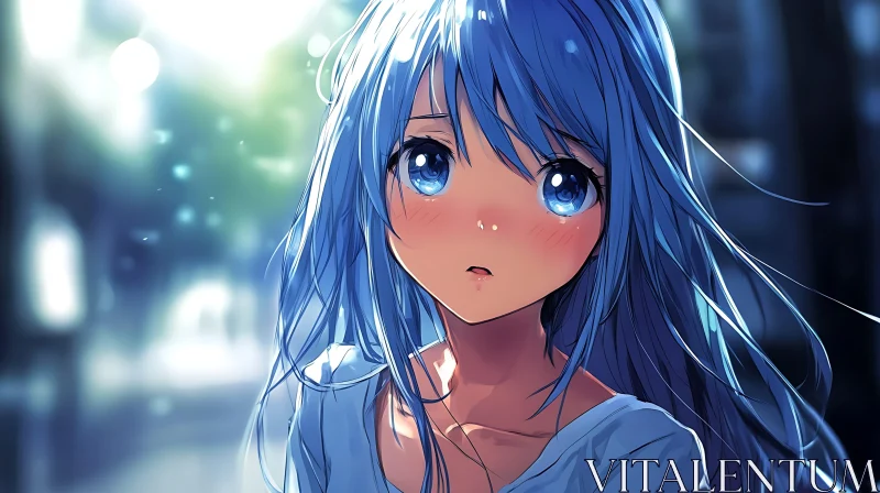 Blue-Haired Anime Girl in Emotional City Setting AI Image