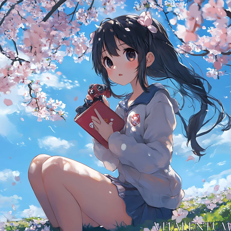 Anime Girl in Cherry Blossom Season AI Image