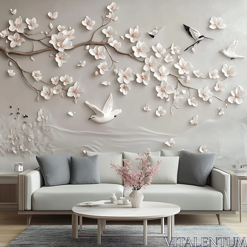 AI ART Chic Home Interior with Blossom and Bird Wall Art