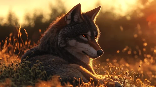 Resting Wolf at Sunset