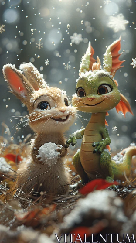 AI ART Snowy Day with a Rabbit and Dragon