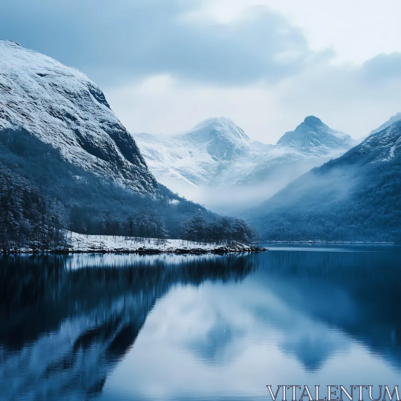 AI ART Winter Mountain Lake Reflection