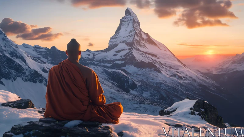 AI ART Monk's Contemplation: Mountain Peak Vista