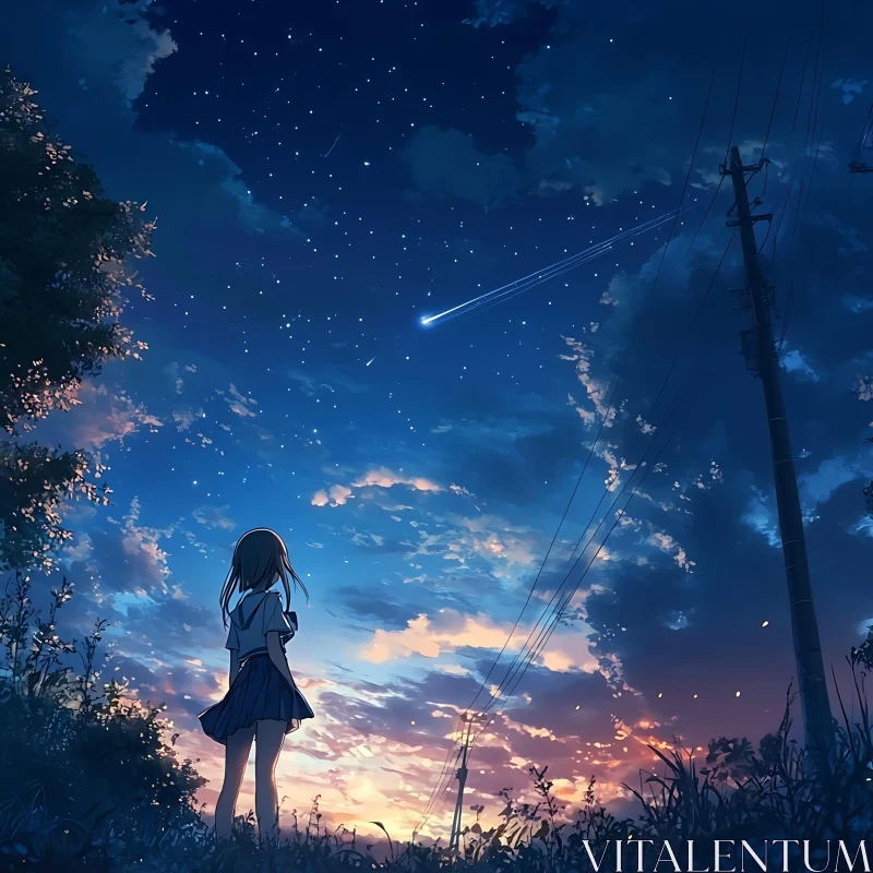 Anime Night Sky with Shooting Star and Girl AI Image