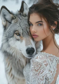 Winter's Bond: Woman and Wolf Portrait