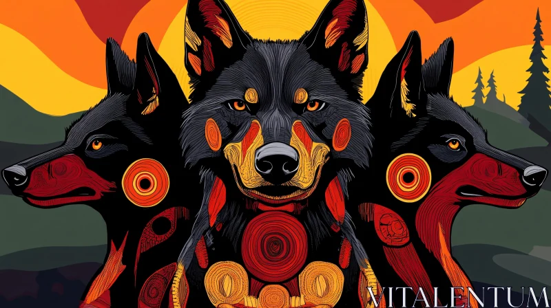 AI ART Wolf Pack Sunset Illustration