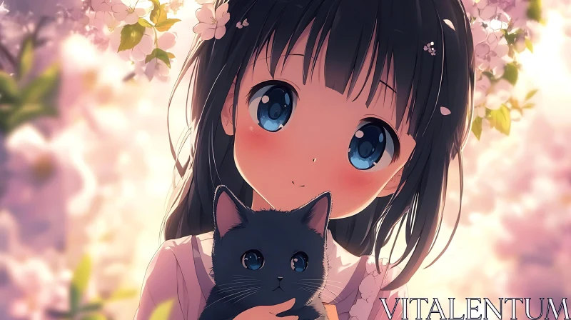 Sweet Anime Girl and Cat Amidst Blossoms AI Image